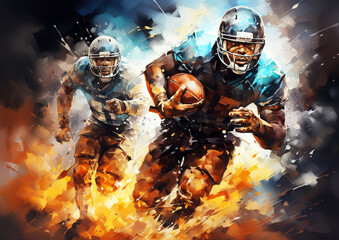 Watercolor abstract representation of American football. American football player in action during colorful paint splash, isolated on white background. AI generated.