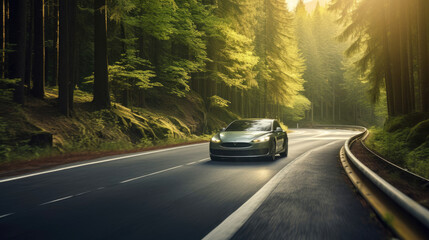 Obraz premium car driving on a highway in the woods