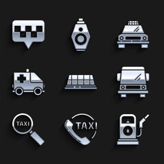 Set Taxi car roof, call telephone service, Petrol or Gas station, Car, Magnifying glass and taxi, Ambulance emergency, and Map pointer with icon. Vector