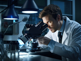 scientist looking through microscope in laboratory