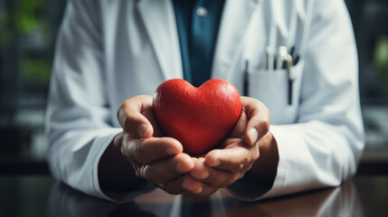 A caring doctor's hand holds a red heart in a hospital, symbolizing expert medical care, compassion, and a commitment to cardiac health - obrazy, fototapety, plakaty