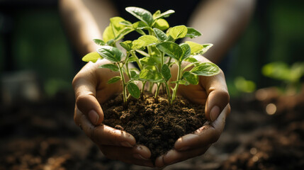 Hands nurturing a young plant in support of eco-conscious, sustainable living. Earth Day concept with focus on environmental care and growth