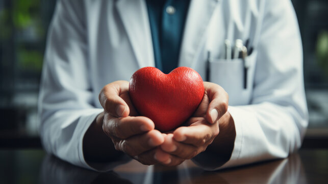 A caring doctor's hand holds a red heart in a hospital, symbolizing expert medical care, compassion, and a commitment to cardiac health