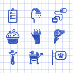 Set Paw print, Pet stroller, grooming, Hair dryer, brush for dog and cat, Pets bath, Retractable cord leash and Grooming salon price list icon. Vector