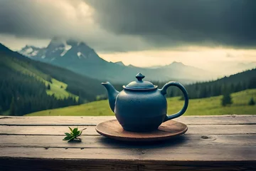  teapot and cup of tea on the mountain Generated AI © asma
