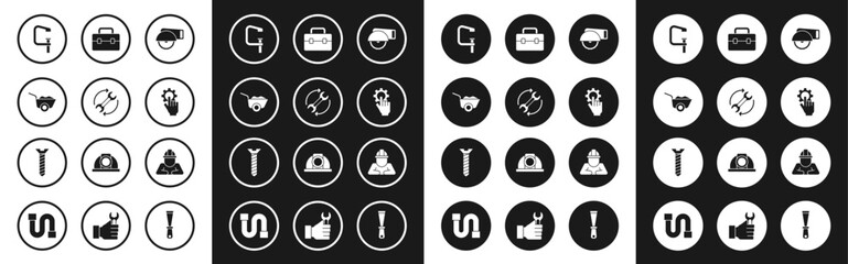 Set Electric circular saw, Wrench and arrows as workflow, Wheelbarrow, Clamp screw tool, Settings in the hand, Toolbox, Builder and Metallic icon. Vector