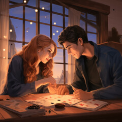 Fototapeta premium Non-standard date, couple in love on a date in games room, board games