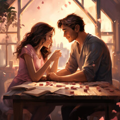 Fototapeta premium Non-standard date, couple in love on a date in games room, board games