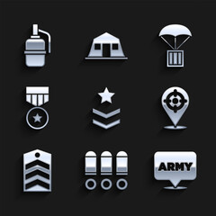 Set Military rank, Bullet, army, Target sport, Chevron, reward medal, Airdrop box and Hand grenade icon. Vector