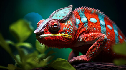Fototapeta premium A chameleon blending into its surroundings with its vibrant colors. AI Generative.