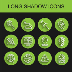 Set line Location on the globe, Search location, Exclamation mark in triangle, Folded map with marker, Monitor and folded, Traffic light and Map pin icon. Vector