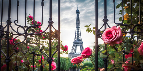 Enchanting Eiffel Tower view through a decorative rose-covered wrought iron gate, held postcard foreground adds nostalgic touch.