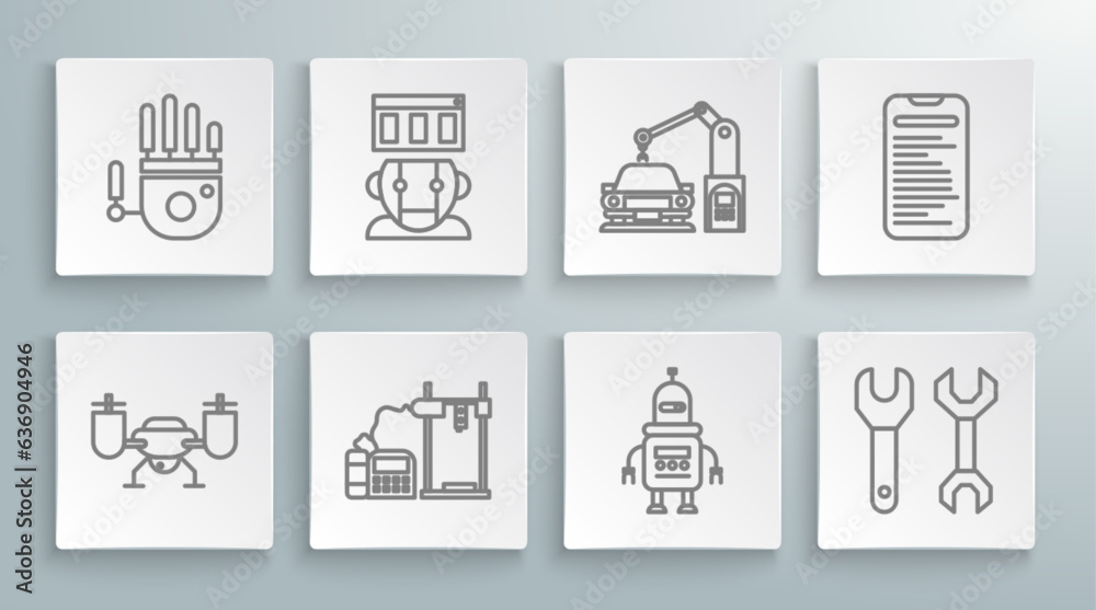 Poster set line drone flying with action camera, robot, 3d printer, spanner, industrial machine robotic rob