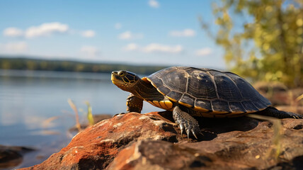 Fototapeta premium A sunbathing turtle perched on a sun-drenched rock. AI Generative.