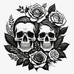 Obraz premium Skull couple with roses generative ai 