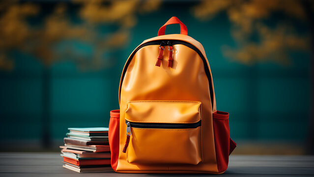 Back to school concept, backpack with school supplies on table.