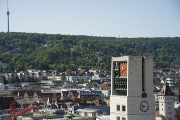 View of the city of Stuttgart from the west tower of the collegiate church towards the town hall...
