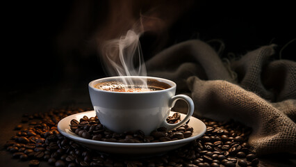 Hot coffee cup with steam and coffee seeds in bag.