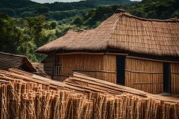 Fototapeta na wymiar thatched roof house in forest