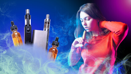 Vape devices. Woman vaper. Oils for electronic cigarettes. Vaping set. Girl smokes steam. Vape...