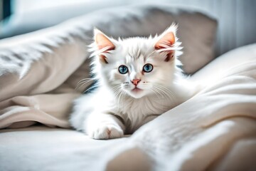 white kitten sitting on the bed