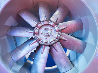 Motor boat screw. Fan with metal blades. Ship building. Boat propeller close-up. Fragment modern...