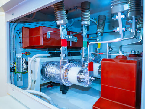 Equipment for electrification. Recloser vacuum view inside. Device for emergency power outage. Vacuum recloser for electric transmission lines. Equipment for security of electricity supplies.