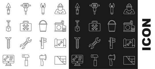 Set line Bricks, Graphing paper and wrench, Paint bucket brush, Adjustable, Toolbox, Shovel, Trowel and Bucket icon. Vector