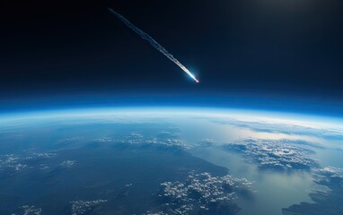 Fictional space view of an object, meteorite or rocket re-entering the Earth's atmosphere with a visible exothermic reaction.