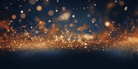 Fototapeta na wymiar Abstract dark blue and gold particle backdrop. Christmas golden light shed bokeh particles over a background of navy blue. Gold foil appearance. holiday idea. Generative Ai.