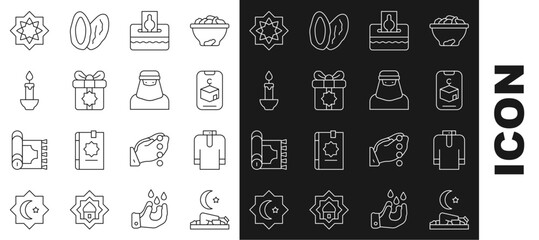 Set line Muslim man prays, Shirt kurta, Star and crescent, Donate or pay your zakat, Gift box, Burning candle, Octagonal star and woman niqab icon. Vector