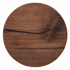 Round walnut wooden tray. Round wooden cutting board. Empty wooden pallet texture background. Cutting board isolated on white background.