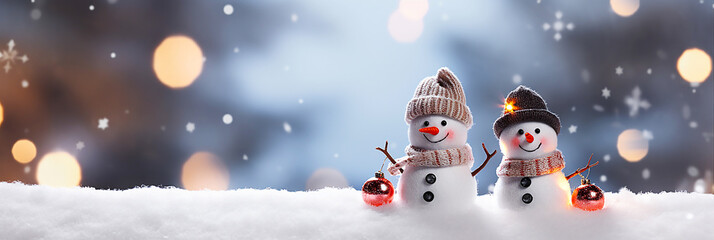 Fototapeta na wymiar Christmas Background with Adorable Snowman and Snowflakes