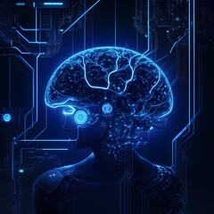 Artificial intelligence concept with a dark blue background and contrast of light and shadow