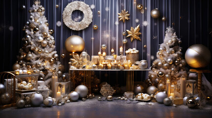 Fototapeta na wymiar Modern shiny creative Christmas backdrop. Golden festive New Year background. Generative AI