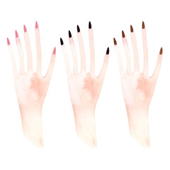 Women's feminine hands with black, gold and pink manicure. Pale natural skin on fingers and palms. Clipart. Isolated watercolor illustration on white background.