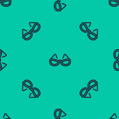 Blue line Glasses icon isolated seamless pattern on green background. Eyeglass frame symbol. Vector