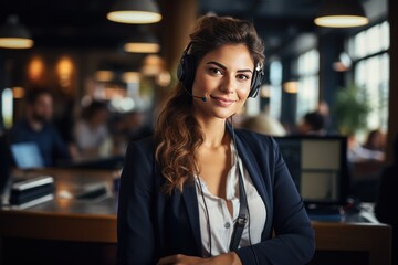 Smiling employee wearing wireless headphones talking on computer hands on keyboard in bright office