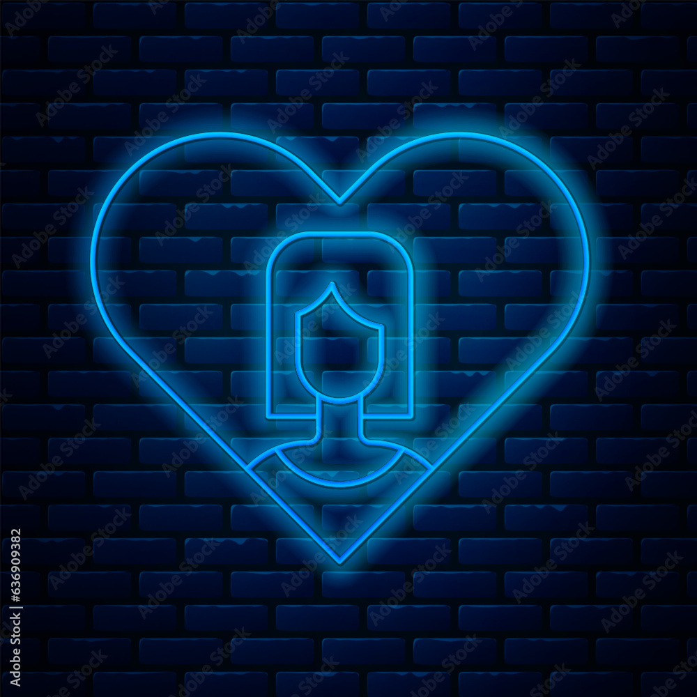 Poster glowing neon line heart with female icon isolated on brick wall background. venus symbol. the symbol