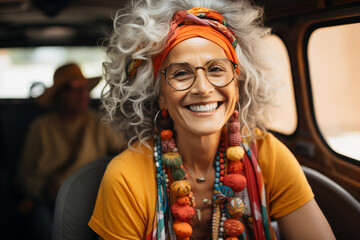 Fototapeta premium Elder woman smiling in van on vacation