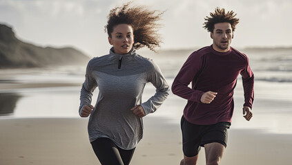 A couple of young people run along the beach with the ocean in the background on a cloudy day.