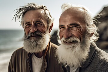 Two old men with gray beards stand on a rocky beach with the ocean in the background. - Powered by Adobe