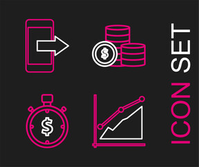 Set line Pie chart infographic, Time is money, Coin with dollar symbol and Smartphone, mobile phone icon. Vector