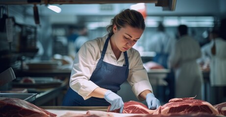 Skilled female butcher prepares cuts in a vibrant shop. - obrazy, fototapety, plakaty