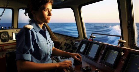 Female captain at helm of a large vessel.