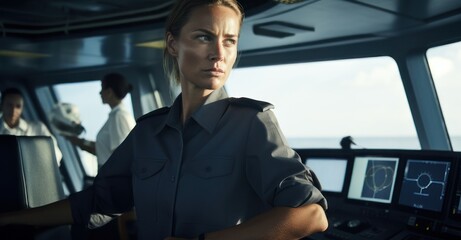 Female captain at helm of a large vessel.