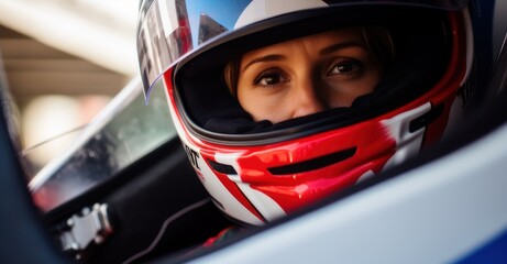 Female driver in race car at start line.
