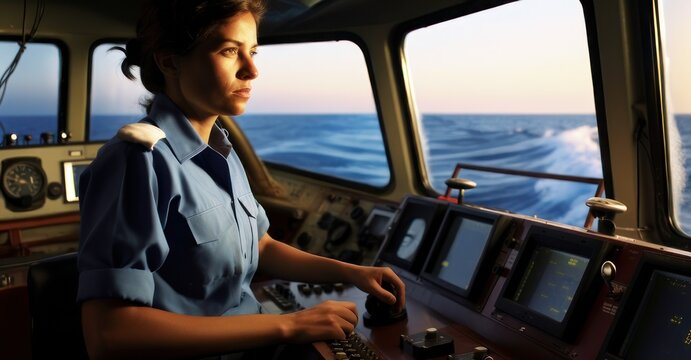 Fototapeta Female captain at helm of a large vessel.
