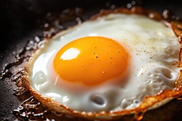 Close up shot of a fried egg on a skillet with the edges slightly crispy. Generative AI