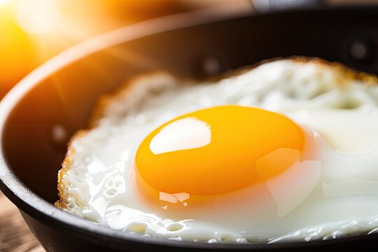 Close up shot of a fried egg on a skillet with the edges slightly crispy. Generative AI